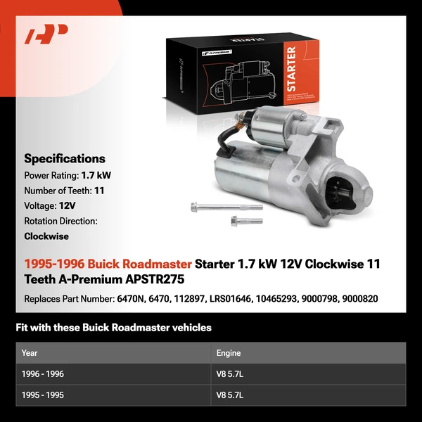 1995-1996 Buick Roadmaster Starter 1.7 kW 12V Clockwise 11 Teeth A-Premium APSTR275
