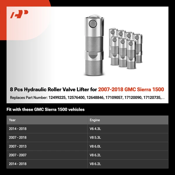 8 Pcs Hydraulic Roller Valve Lifter for 2007-2018 GMC Sierra 1500