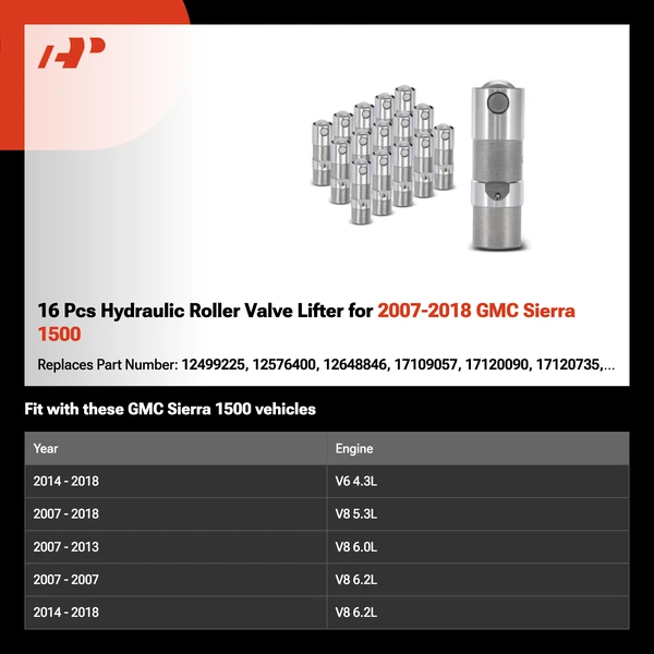 16 Pcs Hydraulic Roller Valve Lifter for 2007-2018 GMC Sierra 1500
