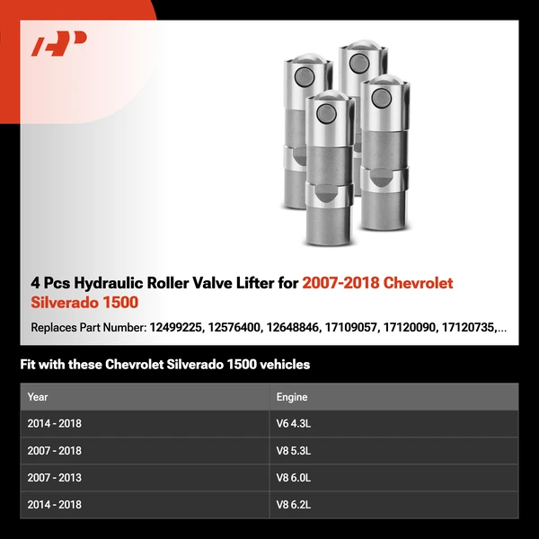 4 Pcs Hydraulic Roller Valve Lifter for 2007-2018 Chevrolet Silverado 1500