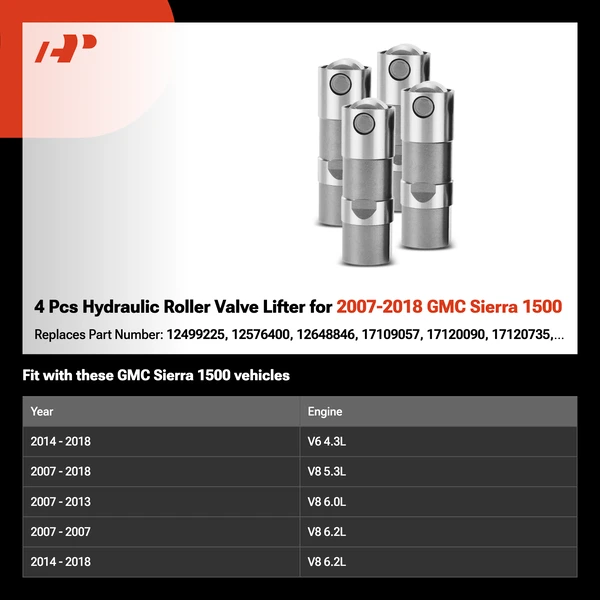4 Pcs Hydraulic Roller Valve Lifter for 2007-2018 GMC Sierra 1500