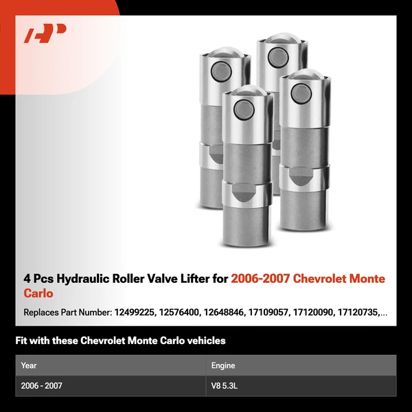 4 Pcs Hydraulic Roller Valve Lifter for 2006-2007 Chevrolet Monte Carlo