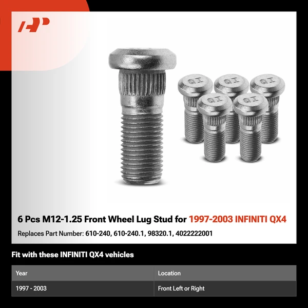 6 Pcs M12-1.25 Front Wheel Lug Stud for 1997-2003 INFINITI QX4