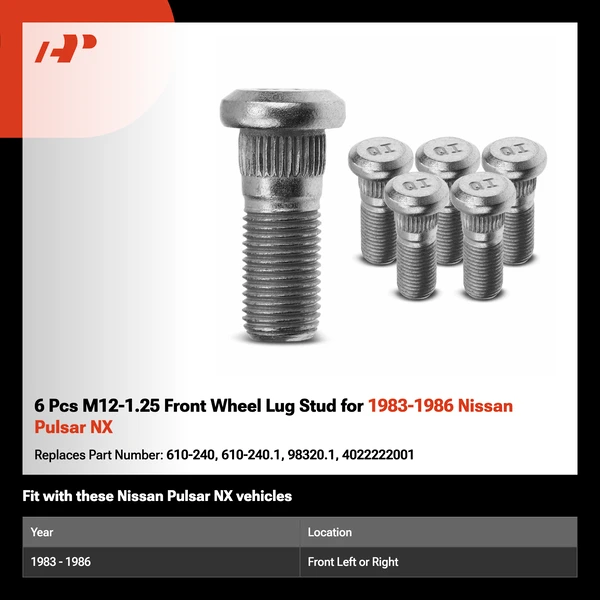 6 Pcs M12-1.25 Front Wheel Lug Stud for 1983-1986 Nissan Pulsar NX