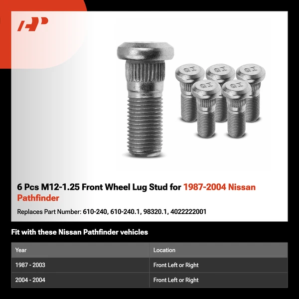 6 Pcs M12-1.25 Front Wheel Lug Stud for 1987-2004 Nissan Pathfinder