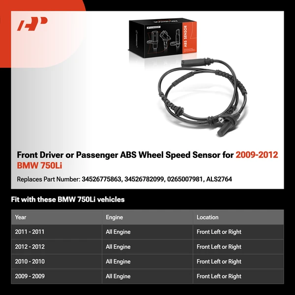 Front Driver or Passenger ABS Wheel Speed Sensor for 2009-2012 BMW 750Li