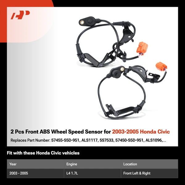 2 Pcs Front ABS Wheel Speed Sensor for 2003-2005 Honda Civic