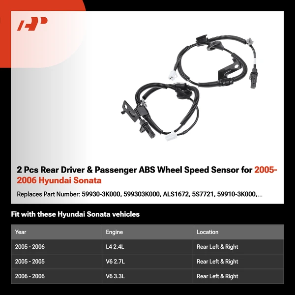 2 Pcs Rear Driver & Passenger ABS Wheel Speed Sensor for 2005-2006 Hyundai Sonata
