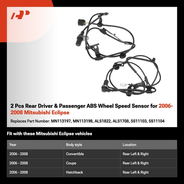 2 Pcs Rear Driver & Passenger ABS Wheel Speed Sensor for 2006-2008 Mitsubishi Eclipse