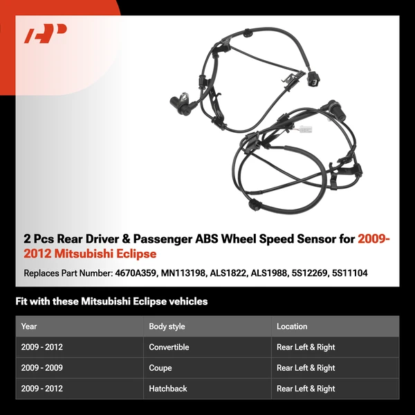 2 Pcs Rear Driver & Passenger ABS Wheel Speed Sensor for 2009-2012 Mitsubishi Eclipse