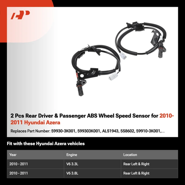 2 Pcs Rear Driver & Passenger ABS Wheel Speed Sensor for 2010-2011 Hyundai Azera