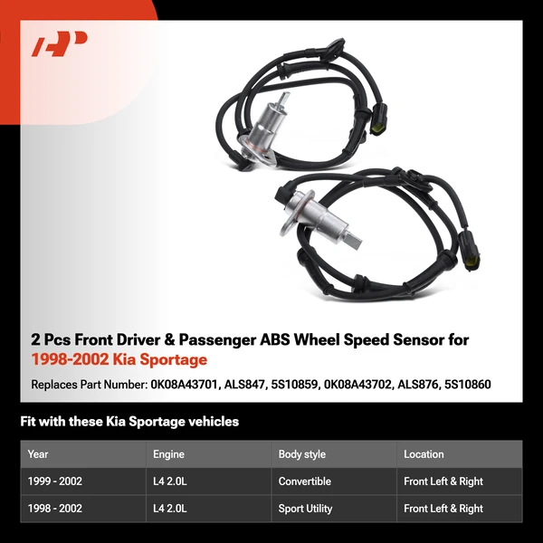 2 Pcs Front Driver & Passenger ABS Wheel Speed Sensor for 1998-2002 Kia Sportage