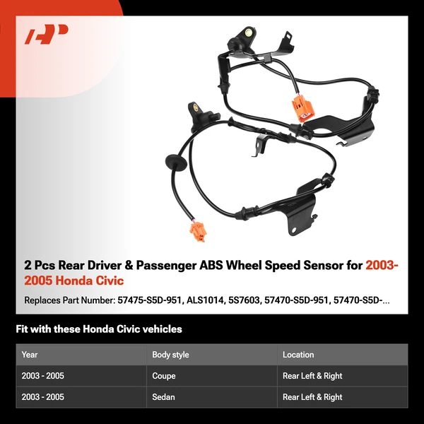 2 Pcs Rear Driver & Passenger ABS Wheel Speed Sensor for 2003-2005 Honda Civic