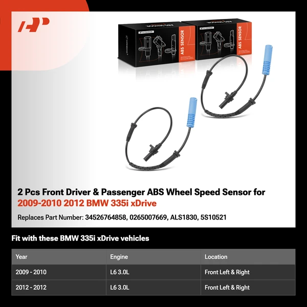 2 Pcs Front Driver & Passenger ABS Wheel Speed Sensor for 2009-2010 2012 BMW 335i xDrive