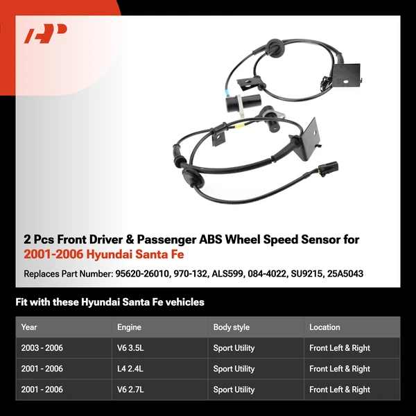 2 Pcs Front Driver & Passenger ABS Wheel Speed Sensor for 2001-2006 Hyundai Santa Fe