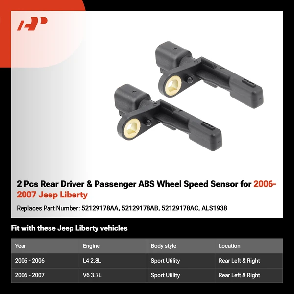 2 Pcs Rear Driver & Passenger ABS Wheel Speed Sensor for 2006-2007 Jeep Liberty