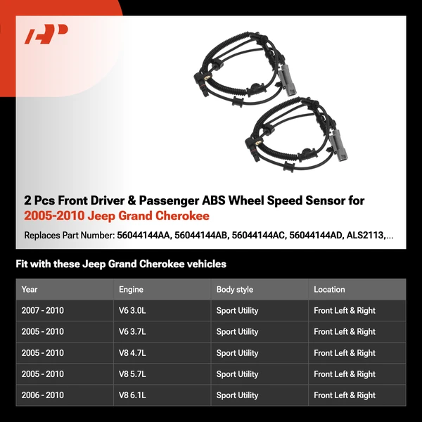2 Pcs Front Driver & Passenger ABS Wheel Speed Sensor for 2005-2010 Jeep Grand Cherokee