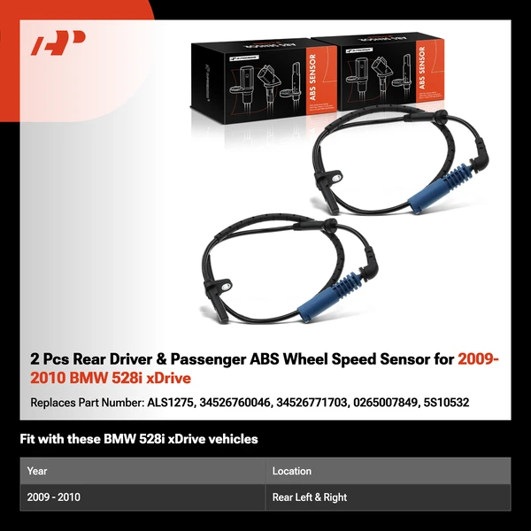 2 Pcs Rear Driver & Passenger ABS Wheel Speed Sensor for 2009-2010 BMW 528i xDrive