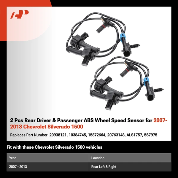 2 Pcs Rear Driver & Passenger ABS Wheel Speed Sensor for 2007-2013 Chevrolet Silverado 1500