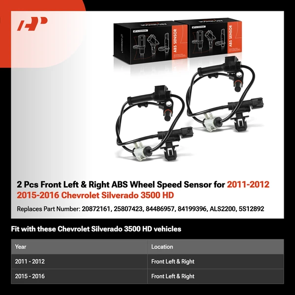2 Pcs Front Left & Right ABS Wheel Speed Sensor for 2011-2012 2015-2016 Chevrolet Silverado 3500 HD