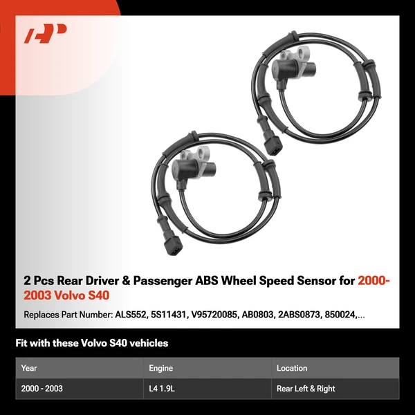 2 Pcs Rear Driver & Passenger ABS Wheel Speed Sensor for 2000-2003 Volvo S40