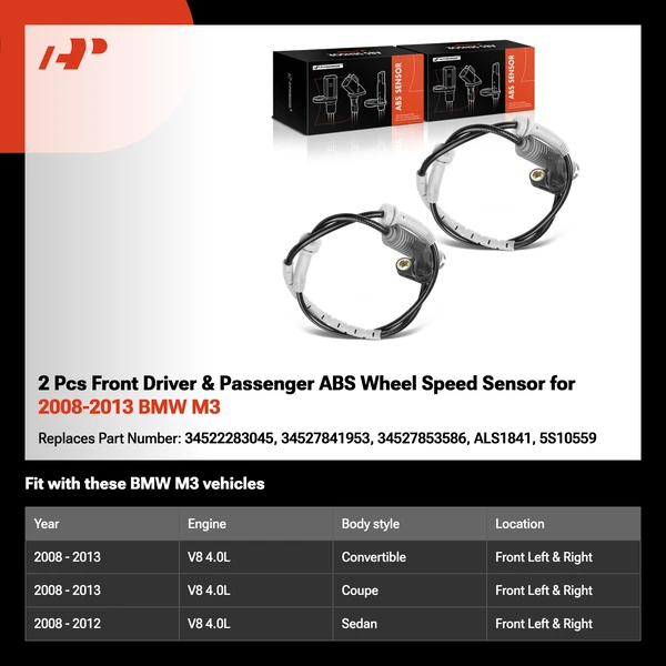 2 Pcs Front Driver & Passenger ABS Wheel Speed Sensor for 2008-2013 BMW M3