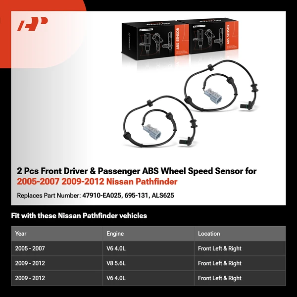 2 Pcs Front Driver & Passenger ABS Wheel Speed Sensor for 2005-2007 2009-2012 Nissan Pathfinder