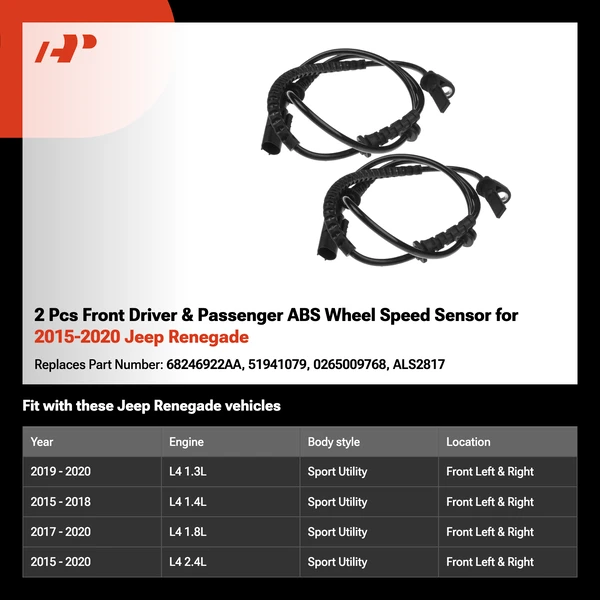 2 Pcs Front Driver & Passenger ABS Wheel Speed Sensor for 2015-2020 Jeep Renegade