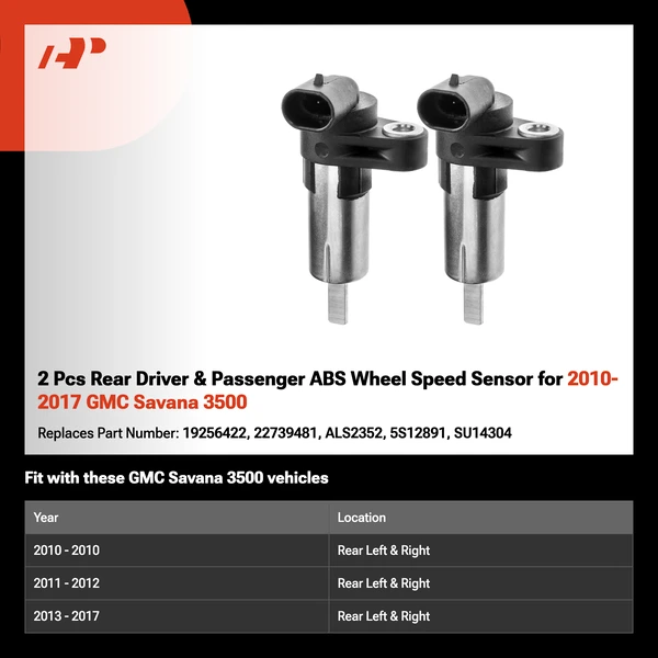 2 Pcs Rear Driver & Passenger ABS Wheel Speed Sensor for 2010-2017 GMC Savana 3500