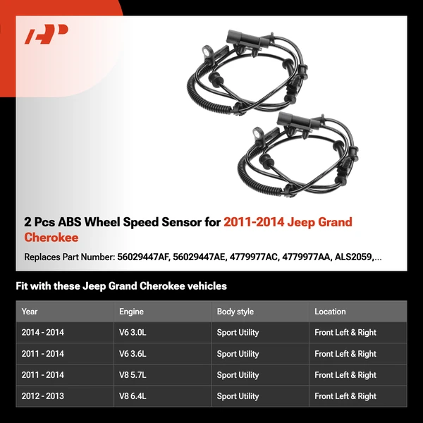 2 Pcs ABS Wheel Speed Sensor for 2011-2014 Jeep Grand Cherokee