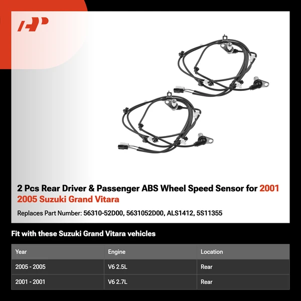 2 Pcs Rear Driver & Passenger ABS Wheel Speed Sensor for 2001 2005 Suzuki Grand Vitara