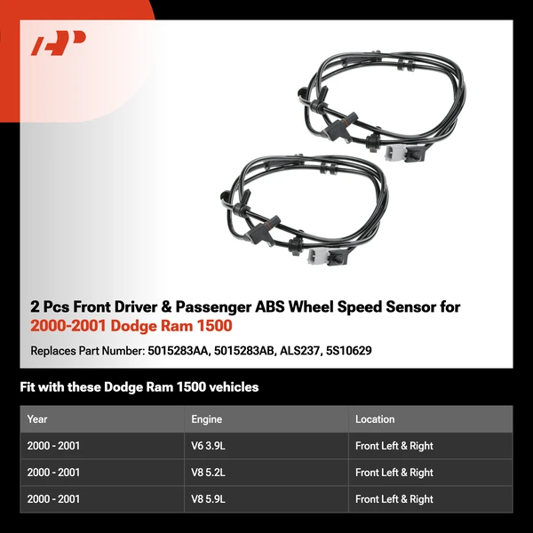 2 Pcs Front Driver & Passenger ABS Wheel Speed Sensor for 2000-2001 Dodge Ram 1500