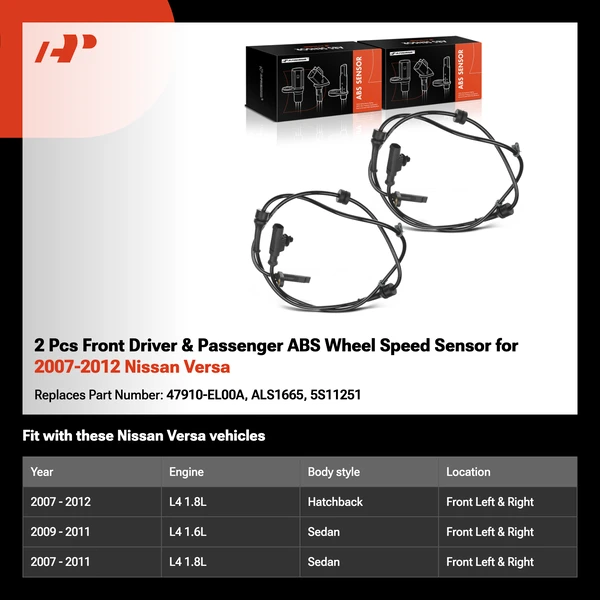 2 Pcs Front Driver & Passenger ABS Wheel Speed Sensor for 2007-2012 Nissan Versa