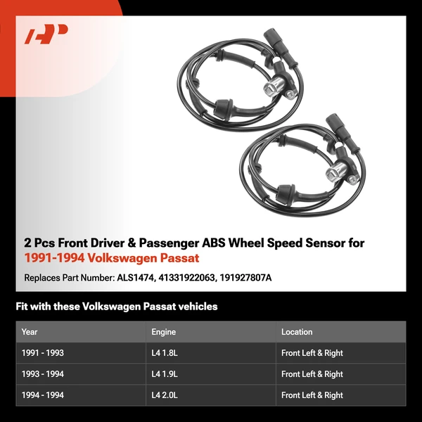 2 Pcs Front Driver & Passenger ABS Wheel Speed Sensor for 1991-1994 Volkswagen Passat