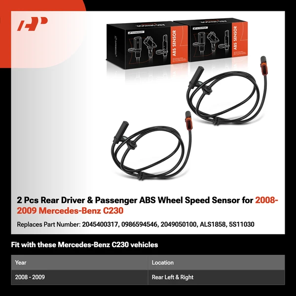2 Pcs Rear Driver & Passenger ABS Wheel Speed Sensor for 2008-2009 Mercedes-Benz C230