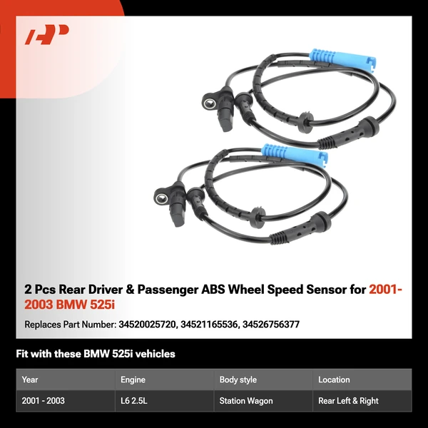 2 Pcs Rear Driver & Passenger ABS Wheel Speed Sensor for 2001-2003 BMW 525i