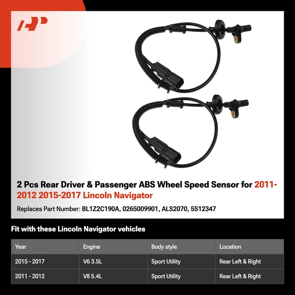 2 Pcs Rear Driver & Passenger ABS Wheel Speed Sensor for 2011-2012 2015-2017 Lincoln Navigator