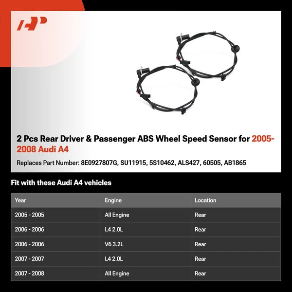 2 Pcs Rear Driver & Passenger ABS Wheel Speed Sensor for 2005-2008 Audi A4