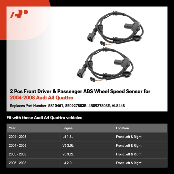 2 Pcs Front Driver & Passenger ABS Wheel Speed Sensor for 2004-2008 Audi A4 Quattro