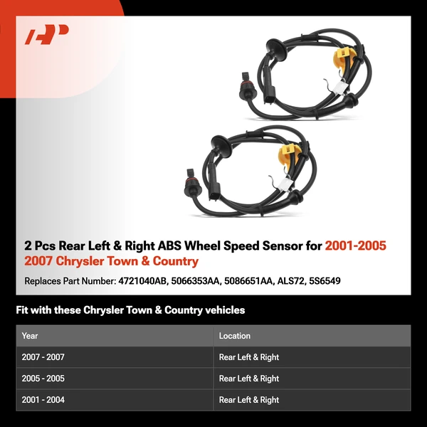 2 Pcs Rear Left & Right ABS Wheel Speed Sensor for 2001-2005 2007 Chrysler Town & Country