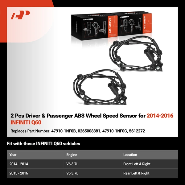 2 Pcs Driver & Passenger ABS Wheel Speed Sensor for 2014-2016 INFINITI Q60