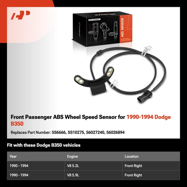 Front Passenger ABS Wheel Speed Sensor for 1990-1994 Dodge B350
