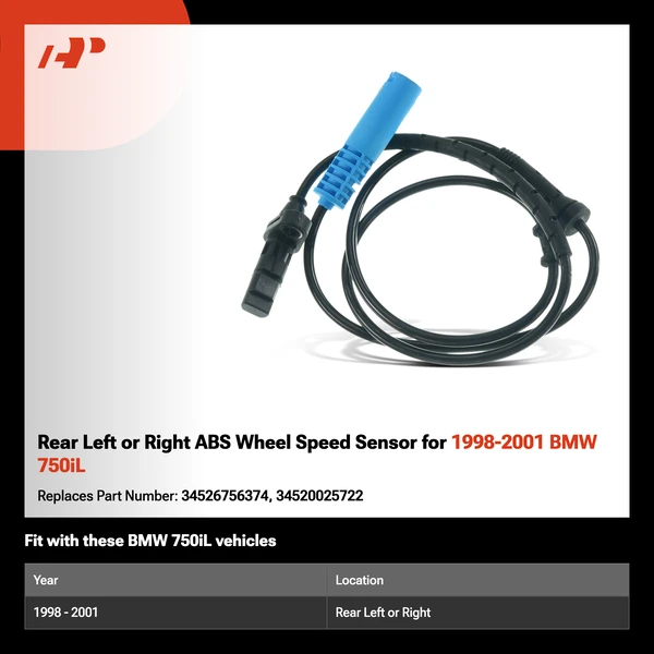 Rear Left or Right ABS Wheel Speed Sensor for 1998-2001 BMW 750iL