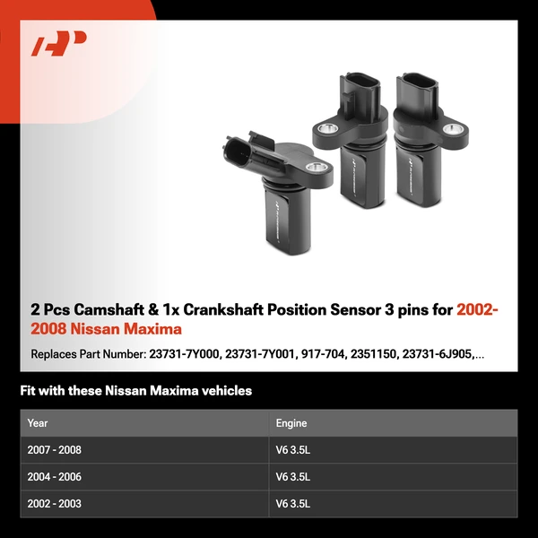 2 Pcs Camshaft & 1x Crankshaft Position Sensor 3 pins for 2002-2008 Nissan Maxima