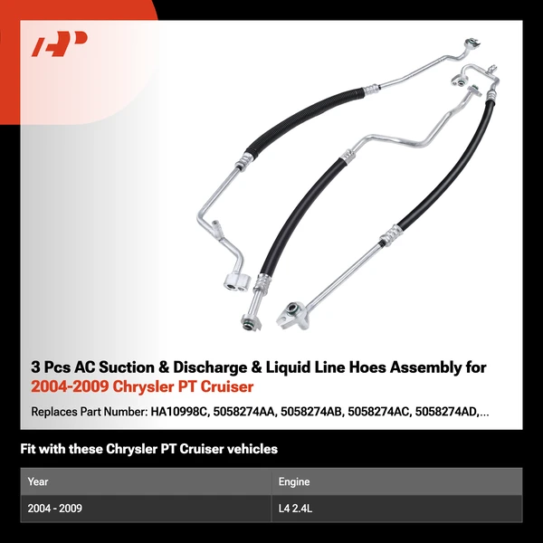 3 Pcs AC Suction & Discharge & Liquid Line Hoes Assembly for 2004-2009 Chrysler PT Cruiser