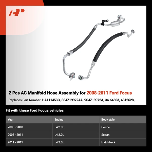 2 Pcs AC Manifold Hose Assembly for 2008-2011 Ford Focus