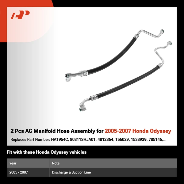 2 Pcs AC Manifold Hose Assembly for 2005-2007 Honda Odyssey