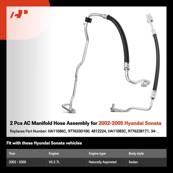 2 Pcs AC Manifold Hose Assembly for 2002-2005 Hyundai Sonata