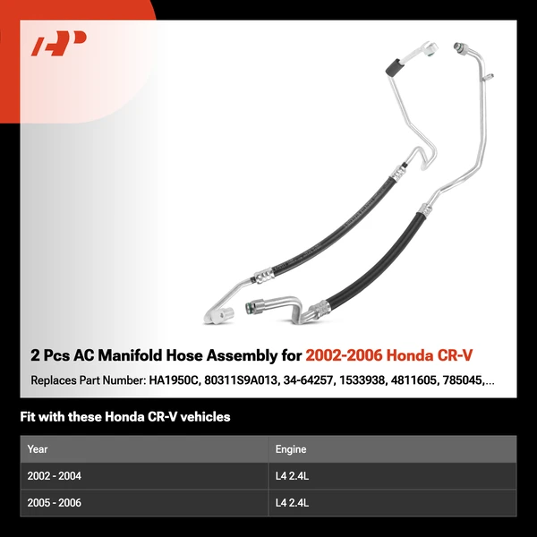 2 Pcs AC Manifold Hose Assembly for 2002-2006 Honda CR-V