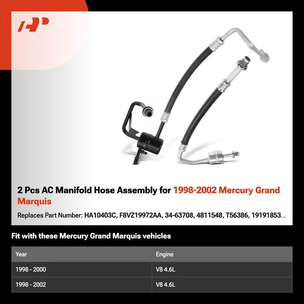 2 Pcs AC Manifold Hose Assembly for 1998-2002 Mercury Grand Marquis